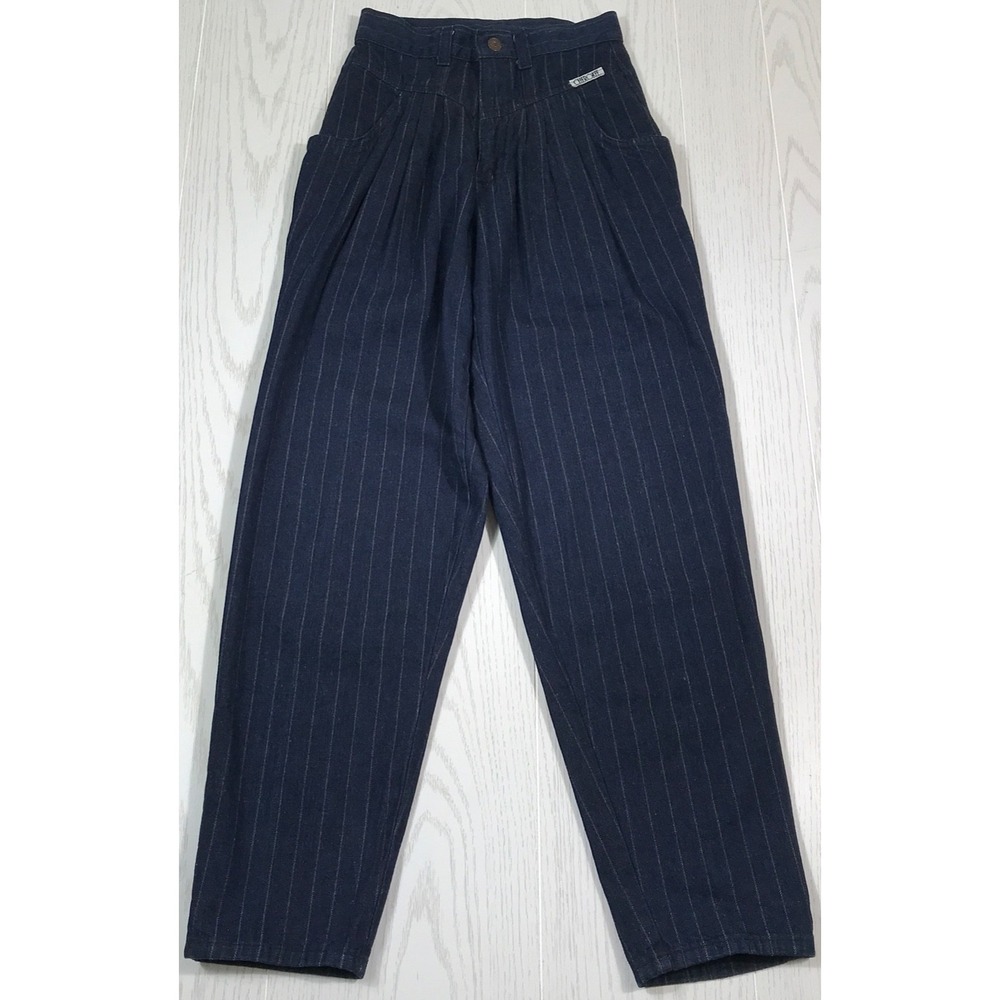 Vintage Cherokee Pleated High Rise Pants 23 Blue Hickory Striped Cotton 80s